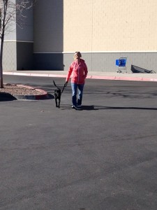 Denise walking Tommy Boy to the car